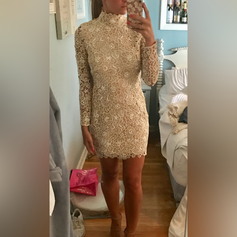 Venus champagne gold floral lace open back mini dress